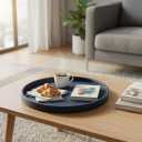 20-inch Round Ottoman Serving Tray - Textured PU Leather Coffee Table Decor, Waterproof Heat-Resistant Large Organizer for Home, Office, Bed & Party Essentials (Navy Blue, 20in)