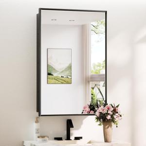 TokeShimi 24x36 Recessed Medicine Cabinet with Mirror Wall Mounted, Aluminum Alloy Black Mirrored Medicine Cabinet, Metal Beveled Mirror with Storage for Bathroom Vanity