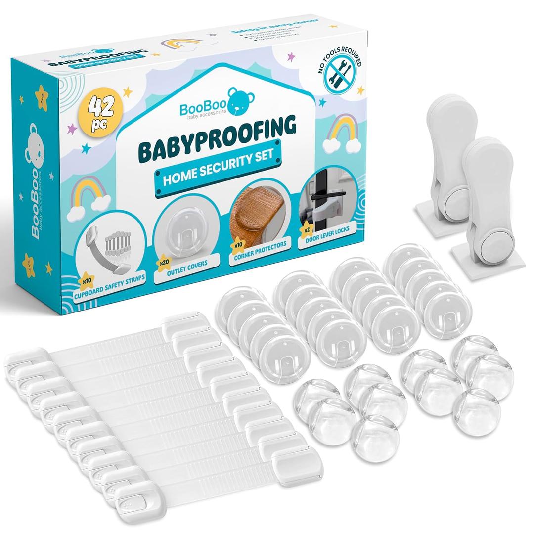 Booboo Baby (42 Pack) Child Safety Baby Proofing Kit | x10 Cabinet Drawer Locks, x10 Corner Guards, x20 Outlet Covers, x2 Door Lever Lock | Baby Proof Your Home & Kitchen with No Trapped Fingers