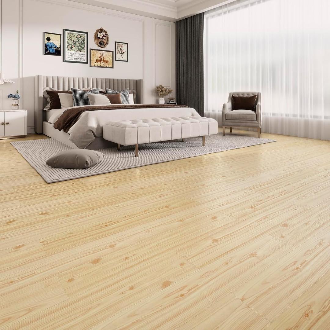 18 Sq. Ft Floor Tiles Peel-and-Stick Vinyl Floor 36 x 6 inch Luxury Self-Adhesive Waterproof Flooring Planks DIY for Kitchen, Living Room, Shops, RV, Wood-Look Plank, 12-Pack, Light Brown