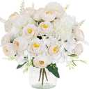 3 Pcs Silk Peonies Artificial Flowers Bouquets for Decorations, Realistic Fake Peony Hydrangea Roses Bouquet for Home Indoor Vase Faux Floral Arrangements Table Centerpieces Outdoor Wedding Party (White)