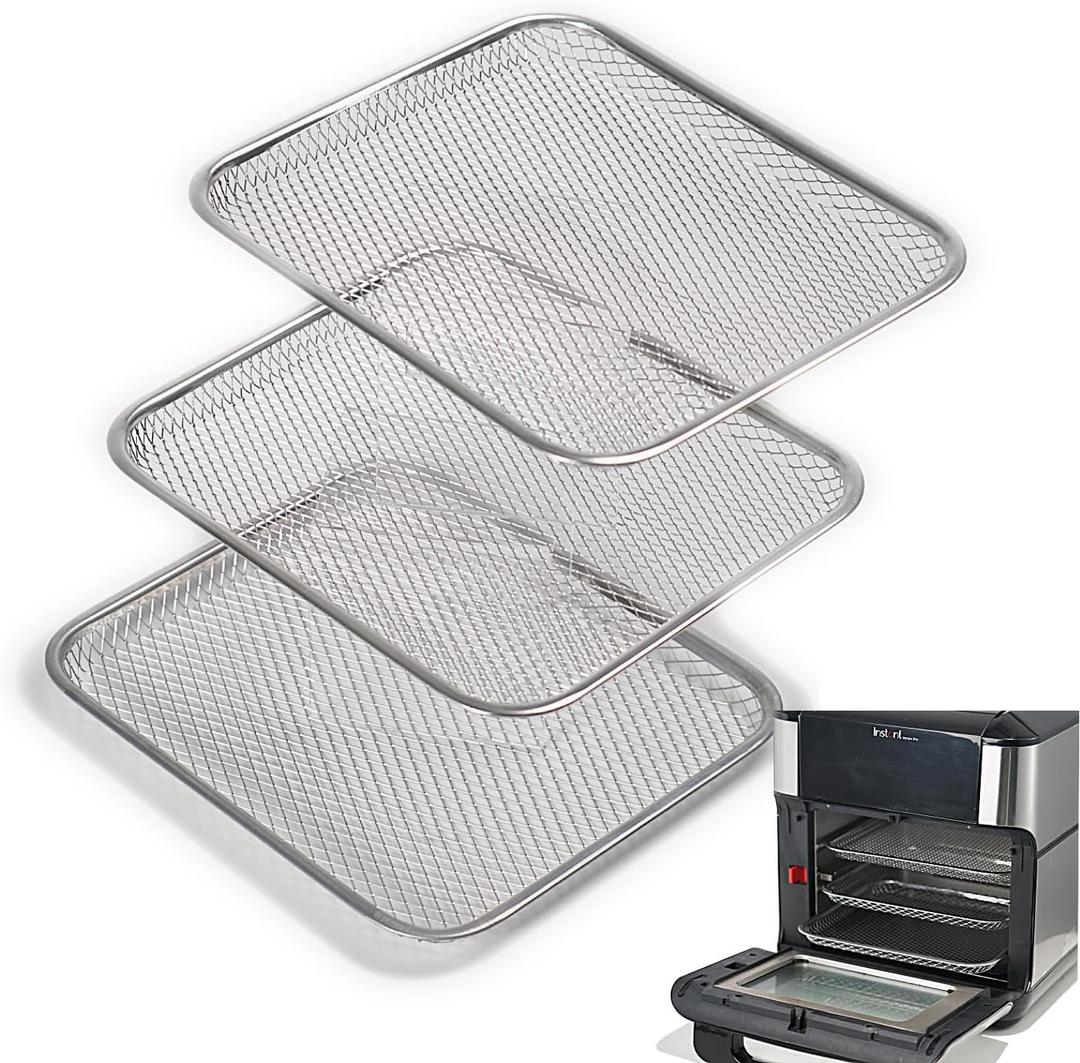 Uncoated Stainless Steel Cooking Tray Compatible with Instant Pot Vortex 10QT Only - PFAS & Teflon-Free - Dishwasher Replacement Racks, 10.2"x8.97" 3-Pack Mesh for 360 Airflow & Crisping (Silver)