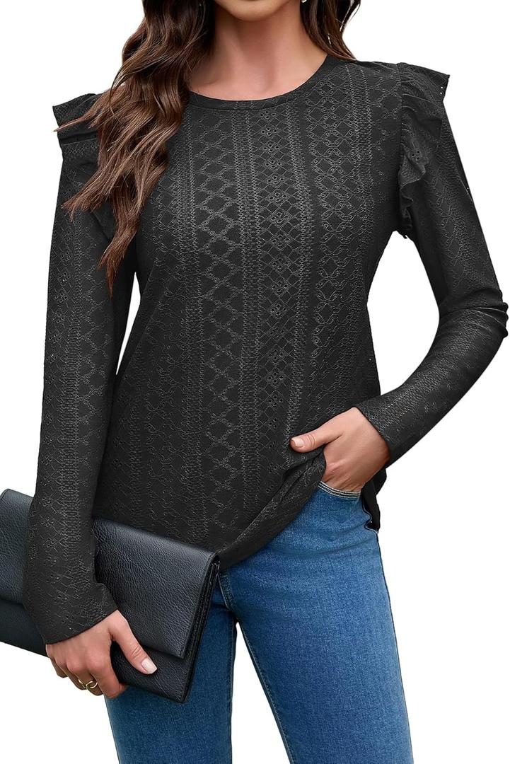 Women Eyelet Tops Casual Ruffle Long Sleeve Shirts Crew Neck Lace Embroidered Blouses Fall Outfits 2025 (Black, M)