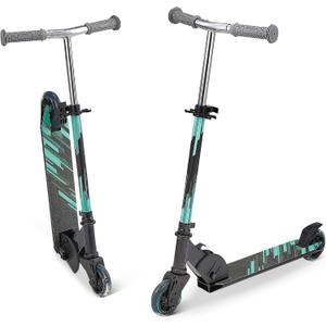 Amazon Basics Kids Kick Scooter, Foldable, Light Up Wheels, Adjustable Handlebar, Aluminum Frame, 3.9-Inch Wheels, Black/Teal
