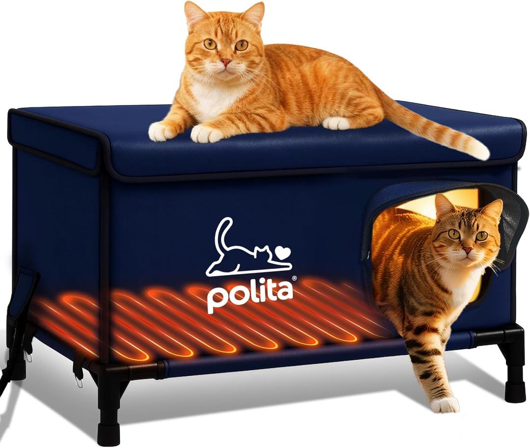 Rugged Heated Cat House for Outdoor Cats in Winter, Extremely Insulated & 100% Weatherproof, Elevated Feral Cat Shelter with Waterproof Eaves & Safe Escape Door for Stray & Barn Cats (Dark Blue)