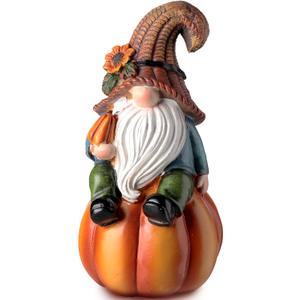 Jetec Fall Thanksgiving Gnome Statue Pumpkin Gnome Decoration White Beard Figurine Autumn Resin Dwarf Elf Statue for Porch Garden Outdoor Yard Fall Thanksgiving Decorations, 6.7 Inch Tall(Elegant)