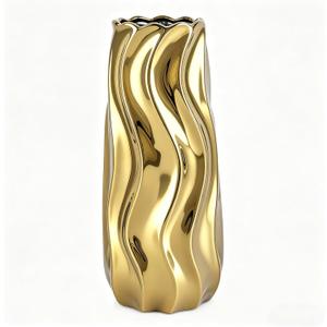 7.5" Gold Vase, Gold Ceramic Vase, Decorative Vase for Home Decor, Modern Wavy Electroplated Flower Vase, Sculptural Centerpiece Vase for Living Room Shelf Office Table Decor