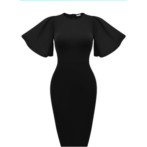 Memoriesea Women's Basic Bodycon Ruffle Flared Short Sleeve Pencil Midi Dress, XL