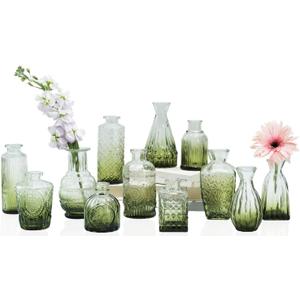 Bud Vases Set of 12,Glass Bud Vases in Bulk,Small Flower Vases for Centerpieces,Mini Vintage Vase for Wedding, Home Table Decor,Christmas,Party Decoration,Green