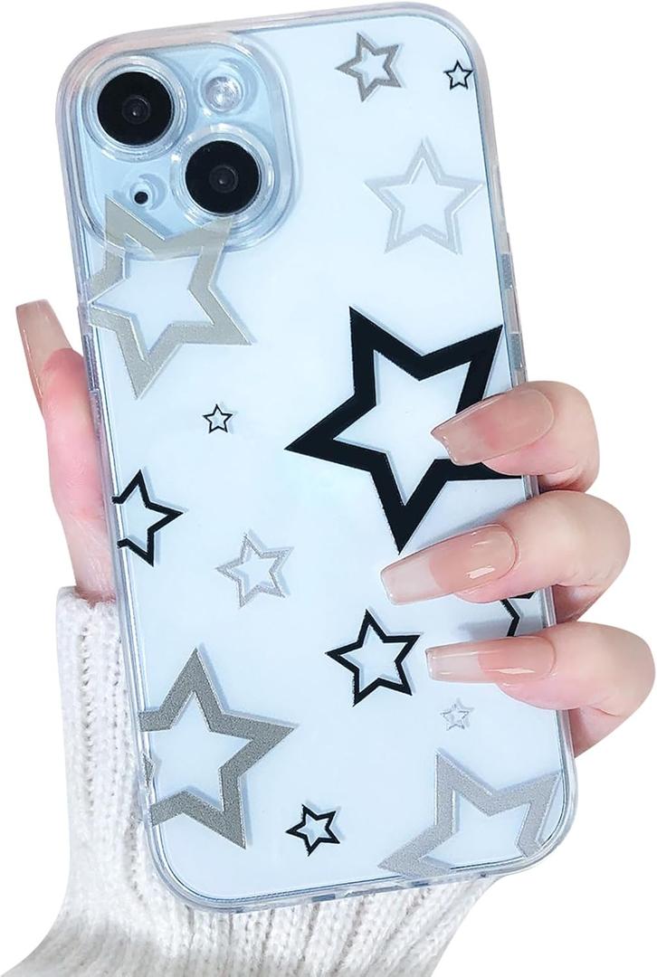 Lovmooful Compatible for iPhone 15 Plus Case Cute Clear Luxury Star Bumper Protector for Girls Women Soft TPU Shockproof Protective Girly for iPhone 15 Plus-Black&Grey Star