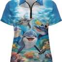 WELLFLYHOM Golf Shirts Short Sleeve Tennis Tops for Women Golf Top 1/4 Zip Workout Sport T-Shirt (Medium, Dolphin Ocean Animals)