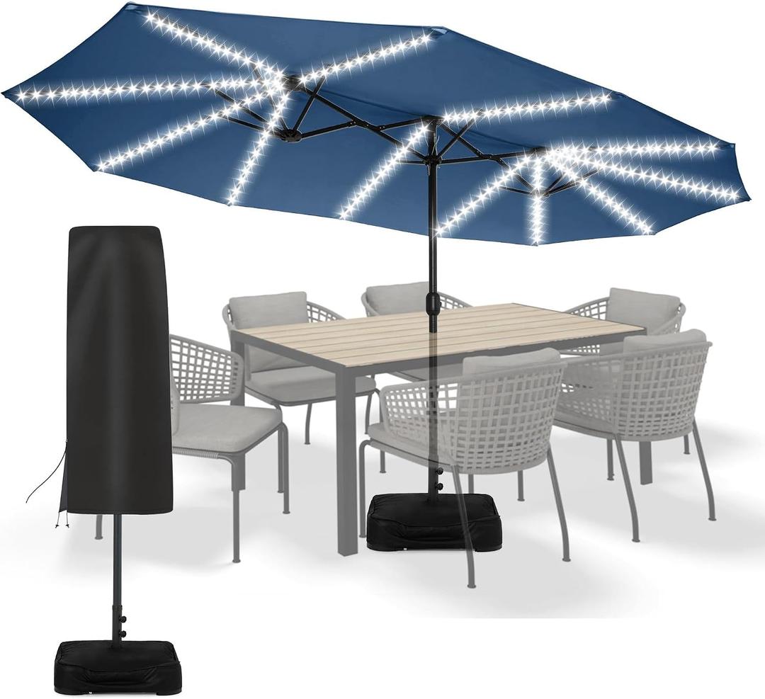 Sundale Outdoor Solar 15 ft 144 LED Olefin 5-Year-Non-Fading Patio Umbrella with Sandbag Base Included and Cover, Outdoor Double-Sided Umbrella with Lights