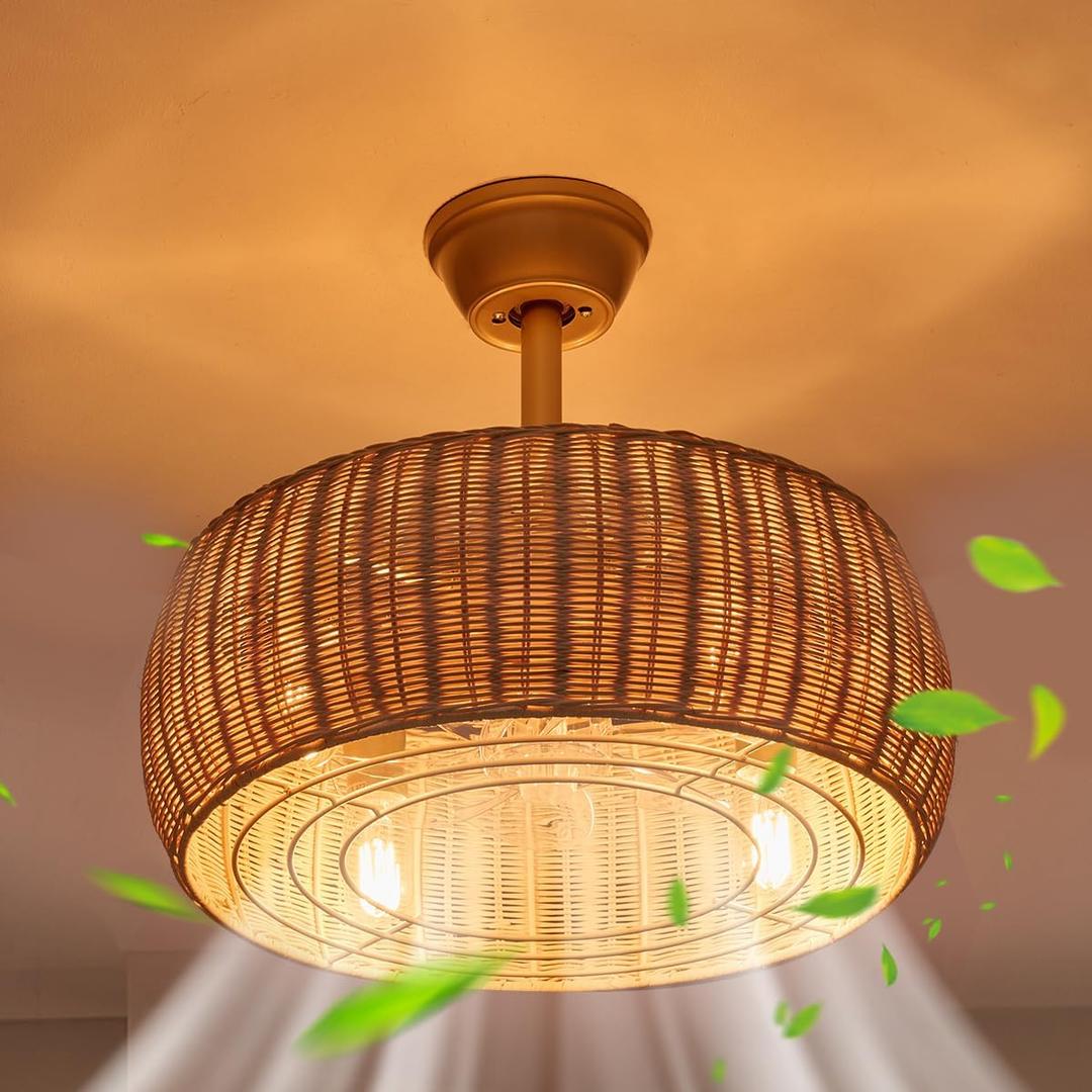 18.1" Rattan Caged Ceiling Fan with Lights 4-Light Beige Fandelier with Light Boho Bamboo Chandelier Fan with Light Reversible Motor, Remote Wicker Pendant Light with Fan for Bedroom Living Room, 18.2 IN