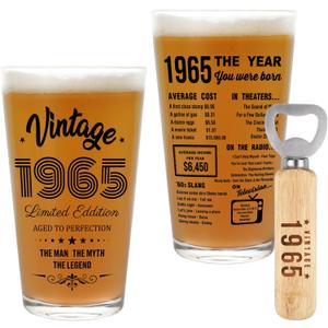 60th Birthday Gifts for Men, 60 Year Old Gifts for Him, Vintage 1965 Beer Drinking Glass and Opener, Best Mens 60th Birthday Gift Ideas Turning 60, Happy 60th Birthday Decorations