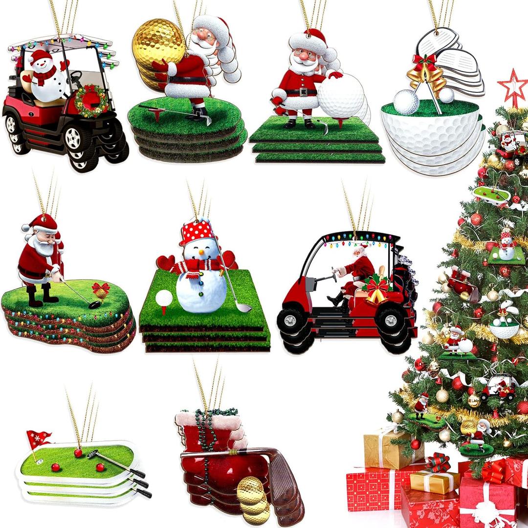 Amyhill 27 Pcs Golf Christmas Ornament for Tree Snowman Golf Cart Themed Christmas Tree Ornaments Wooden Hanging Decoration with Rope for Xmas Holiday Party Decor