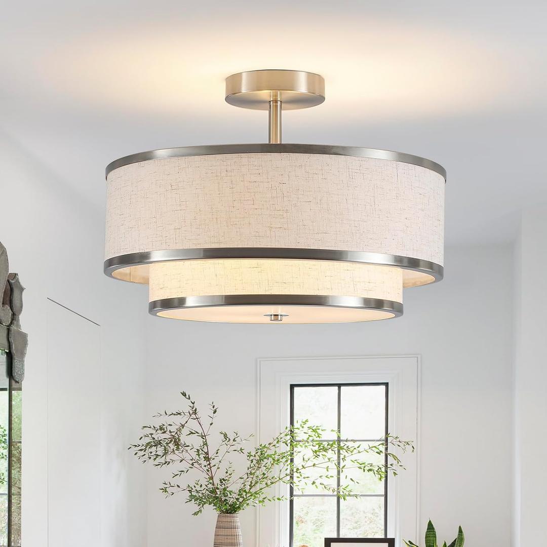Semi Flush Mount Ceiling Light, 3-Light Double Drum Ceiling Light Fixture with Fabric Shade, Farmhouse Chandelier Dining Room Light Fixture for Bedroom, Kitchen, Hallway (Brushed Nickel), Large Drum Light Fixture