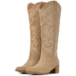 IUV Cowboy Boots For Women Knee High Western Cowgirl Boots Snip Toe Side Zipper Chunky Heel 10.5