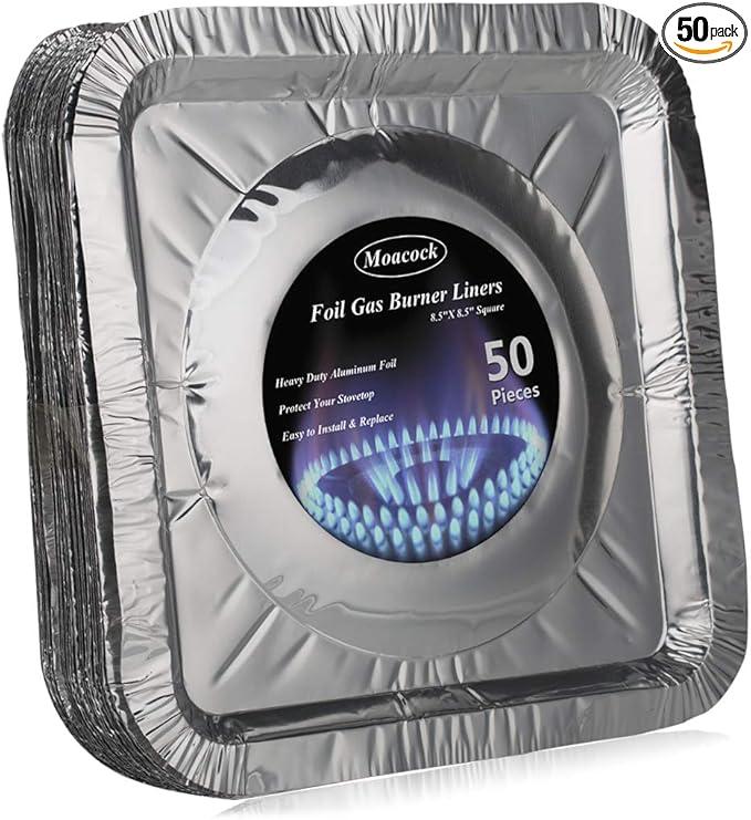 MOACOCK 50 Pack Aluminum Foil Square Stove Burner Covers Disposable Heavy Thick Quality Bib Liners Drip Pans Gas Range Top Protectors 8.5”