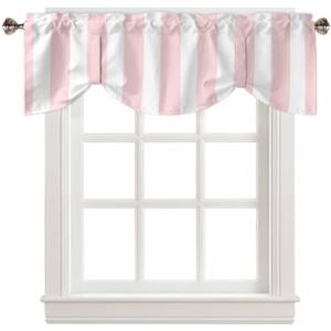 Pink Striped Tie Up Valance Curtains for Windows, Farmhouse Kitchen Curtains Window Treatments, Modern Pink White Stripes Short Window Shades Valances for Bedroom Bathroom Cafe 42"x12"