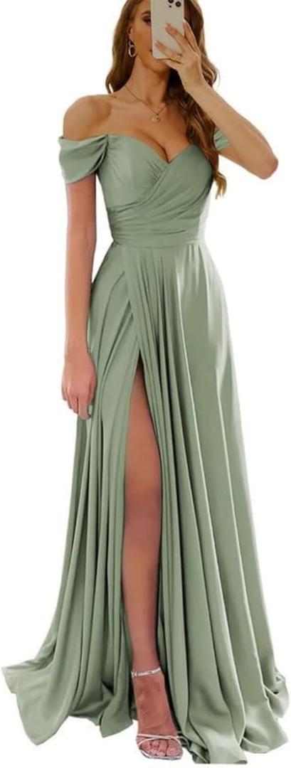 Women's Off The Shoulder Bridesmaid Dresses with Slit Satin Formal Gowns Long Prom Evening Party Dress with Pockets (Green, 14)