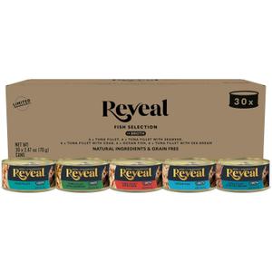 Reveal Natural Wet Canned Cat Food, 5-Flavor Variety Pack, Limited Ingredient, Grain Free, High Protein with No Artificial Additives, Fish Variety in Broth (30 x 2.47 oz Cans) (EXP 01/20/29)