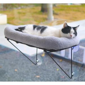 Zakkart Cat Window Perch - 100% Metal Supported from Below - Comes with Warm Spacious Pet Bed - Cat Window Hammock for Large Cats & Kittens - for Sunbathing, Napping & Overlooking (Grey) (Gray)