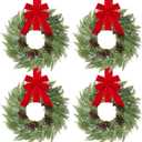 4 Pcs Small Christmas Norfolk Wreaths 15 Inch Christmas Kitchen Cabinet Mini Wreath Real Touch with Bow Ribbon Cedar Red Berry for Xmas Front Door Window Chair Fireplace Table Pillar Farmhouse Decor