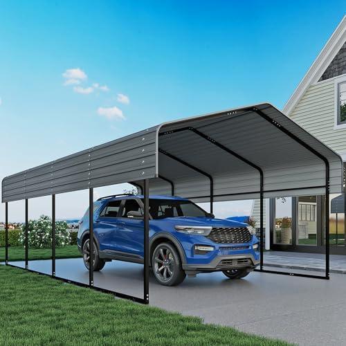 Real Relax 12X20 FT Carport with Galvanized Steel Roof, Heavy Duty Steel Frame Metal Carport Canopy, Large Garage Storage Shelter Shade for Boat, Pickup, Car, Tractors, Grey