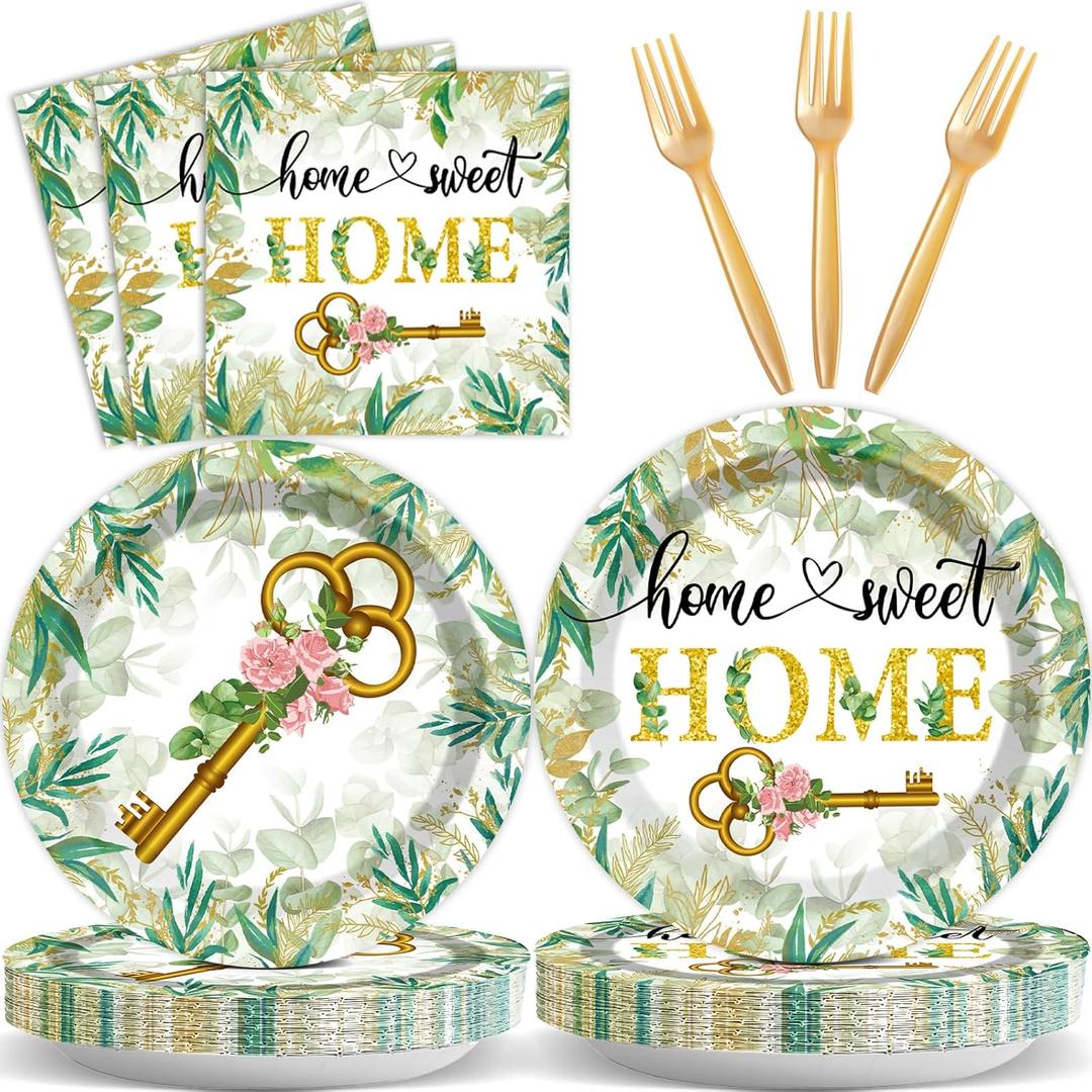 96PCS House Warming Party Decoration Housewarming Party Supplies Home Sweet Home Party Tableware Set Rustic Floral Paper Plates Disposable Housewarming Plates Napkins Dinnerware for New House Wedding