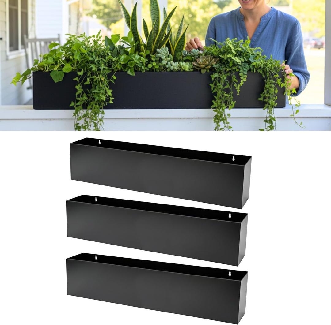 LaLaGreen Wall Planters for Outdoor Plants (36 Inch, 3 Pack) Carbon Steel Black Metal Hanging Flower Pot for Succulents, Wall Mount Rectangular Long Window Sill Box Balcony Fence Garden Deck Decor
