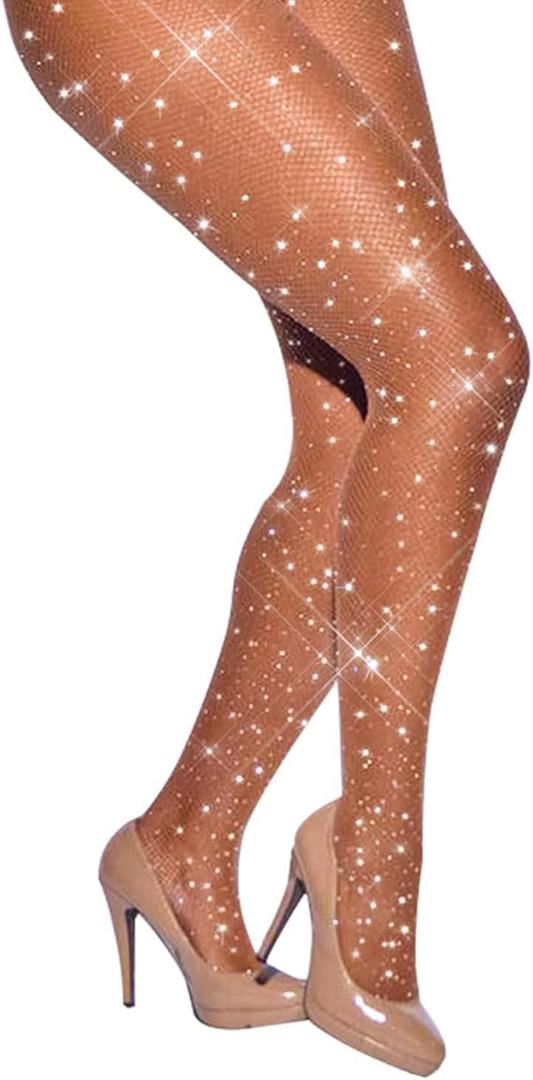 Fishnet Stockings for Women Sparkly Rhinestone Fishnet Tights Glitter Fish Nets (Medium-X-Large, Nude-mini Grid)