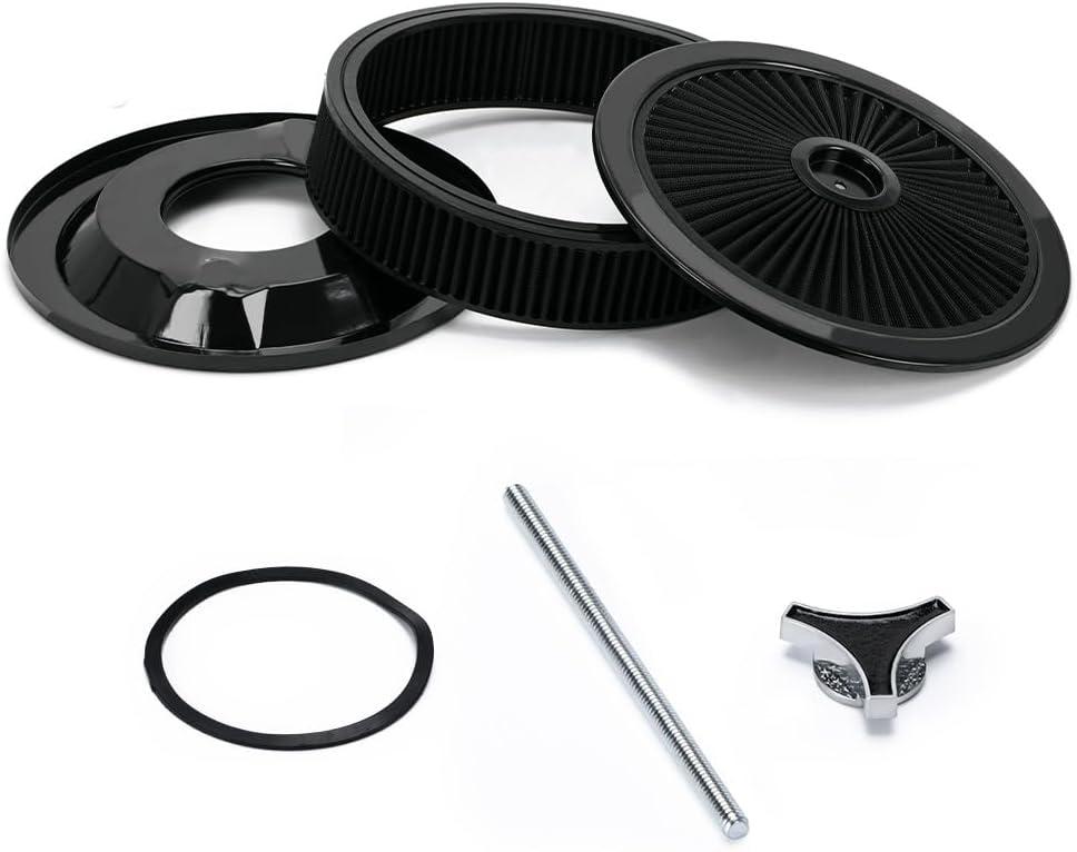 PTNHZ 14"x3" Round Air Cleaner Filter Assembly w/Flow-Thru Lid Caburetor High Flow Compatible with Chevrolet GMC Ford Black