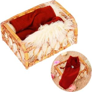 Kate Newborn Photography Props Rattan Basket Bed Handcrafted Baby Doll Bed with Plush Blanket and Stretch Wrap Posing Props for Baby Photography Photoshoot