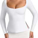 REORIA Womens 2025 Fall Trendy Tops Long Sleeve Shirts for Women Square Neck Going Out Side Slit Tshirts Cute Basic Tee (White, M)