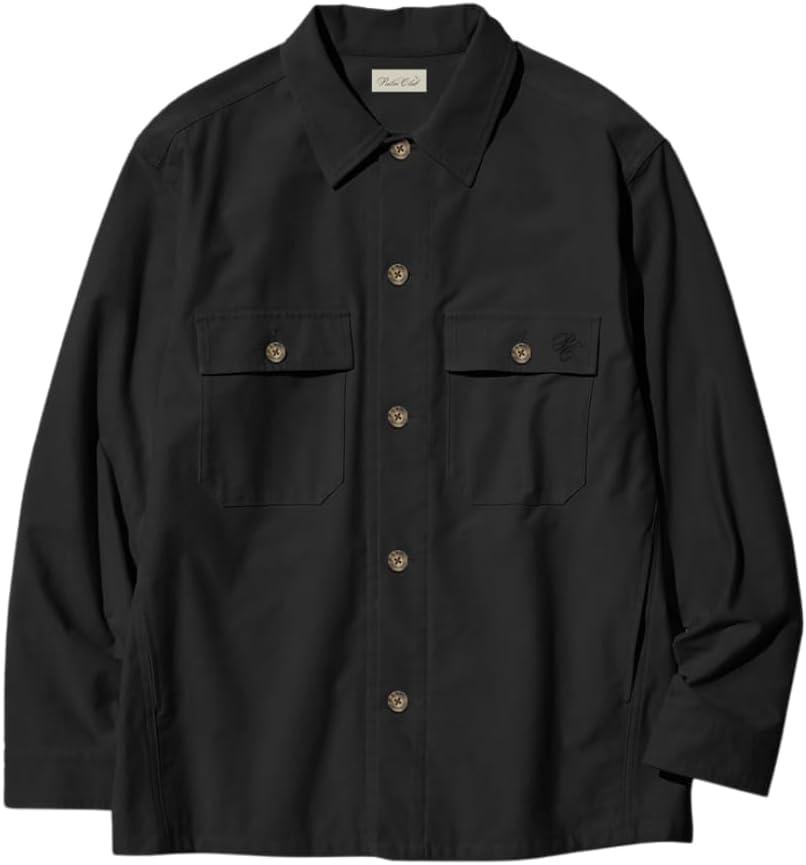 Palm Tree Crew Men's Long Sleeve Casual Button Down Overshirt Shacket with Flap Pockets (Black, XXL)