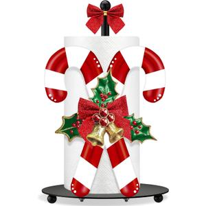 Shellwei Candy Cane Christmas Paper Towel Holder with Round Base Christmas Bathroom Decor Rustic Candy Cane Red Bow Dispenser Kitchen Paper Holder Stand for Countertop Toilet Home Accessories