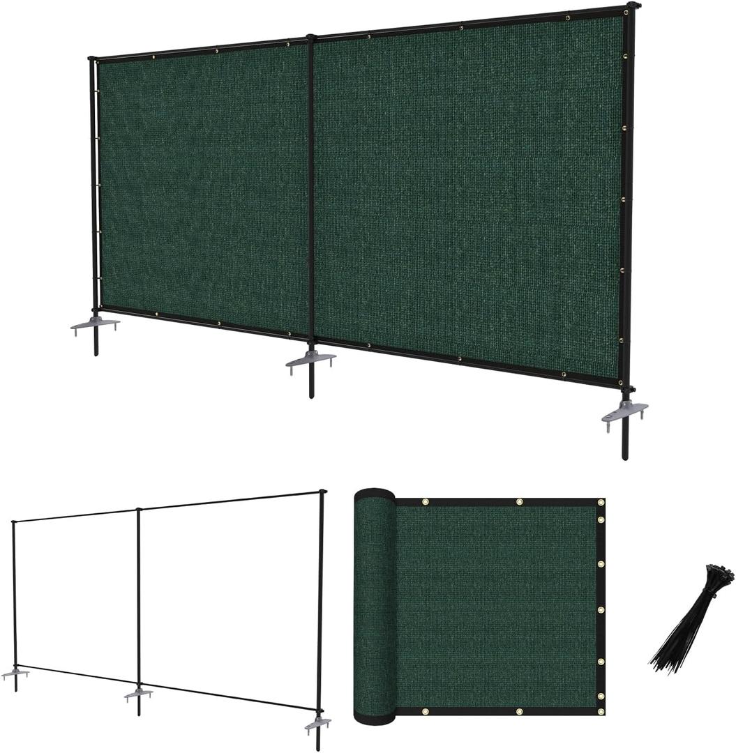 FLORALEAF 6'x12' Privacy Fence Sets with Iron Poles Outdoor Mesh Shade Net Cover Temporary Fencing Metal Fence with Ground Spikes for Patio Backyard Chicken Graden Pool, Green