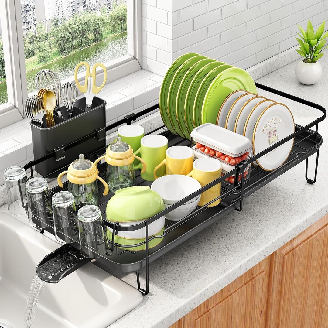 SNTD Large Dish Drying Rack - Expandable Dish Rack for Kitchen Counter, Stainless Steel Dish Drainer Rack with Utensil Holder and Cup Holder, Black