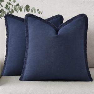 DecorUhome Summer Decorative Neutral Linen Fringe Euro Sham Throw Pillow Covers Set of 2 Navy Blue Pillow Covers with Tassels Soft Farmhouse Boho Accent Pillow Cases for Couch Bed Sofa 24x24 Inch