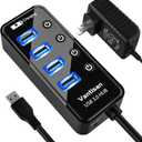Powered USB 3.0 Hub, USB Extension 4-Port USB Hub Splitter (4 USB 3.0 Data Ports+1 Smart Charging Port) with 5V/3A Powered Adapter and Individual ON/Off Switches