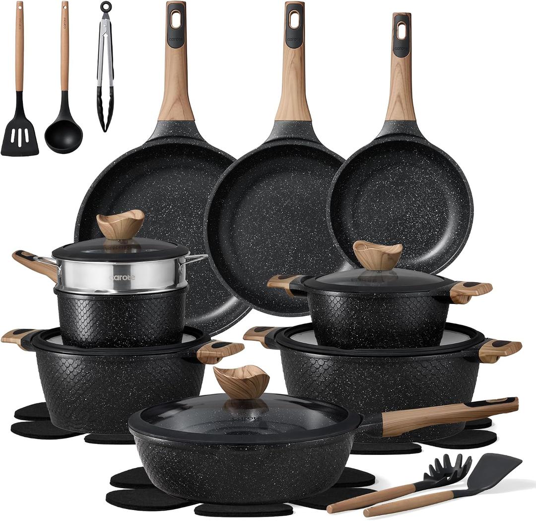 CAROTE 26PCS Pots and Pans Set Non Stick, Cookware Set Pots and Pans Induction Cook Ware, Nonstick Kitchen Cooking, PFOA Free, Black, 26 Piece