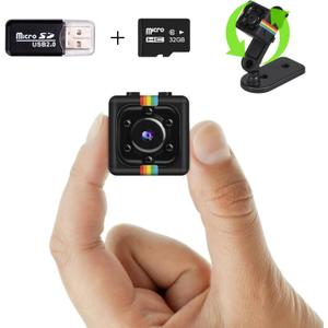 No WiFi Security Camera, 1080P Mini Spy Camera, Built-in 32GB TF Card,Photoshoot, 360 Rotating Bracket, Night Vision, Mini Cameras for Cycling, Travel Indoor Outdoor Security(Black)