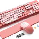Wireless Keyboard and Mouse Combo, Typewriter Keyboard with Magnetic Wrist Rest, Full-Size Cute Round Keycaps, Sleep Mode, 2.4G Keyboards for Mac/Windows/PC, Office or Home, Trueque CK23Pro, Pink
