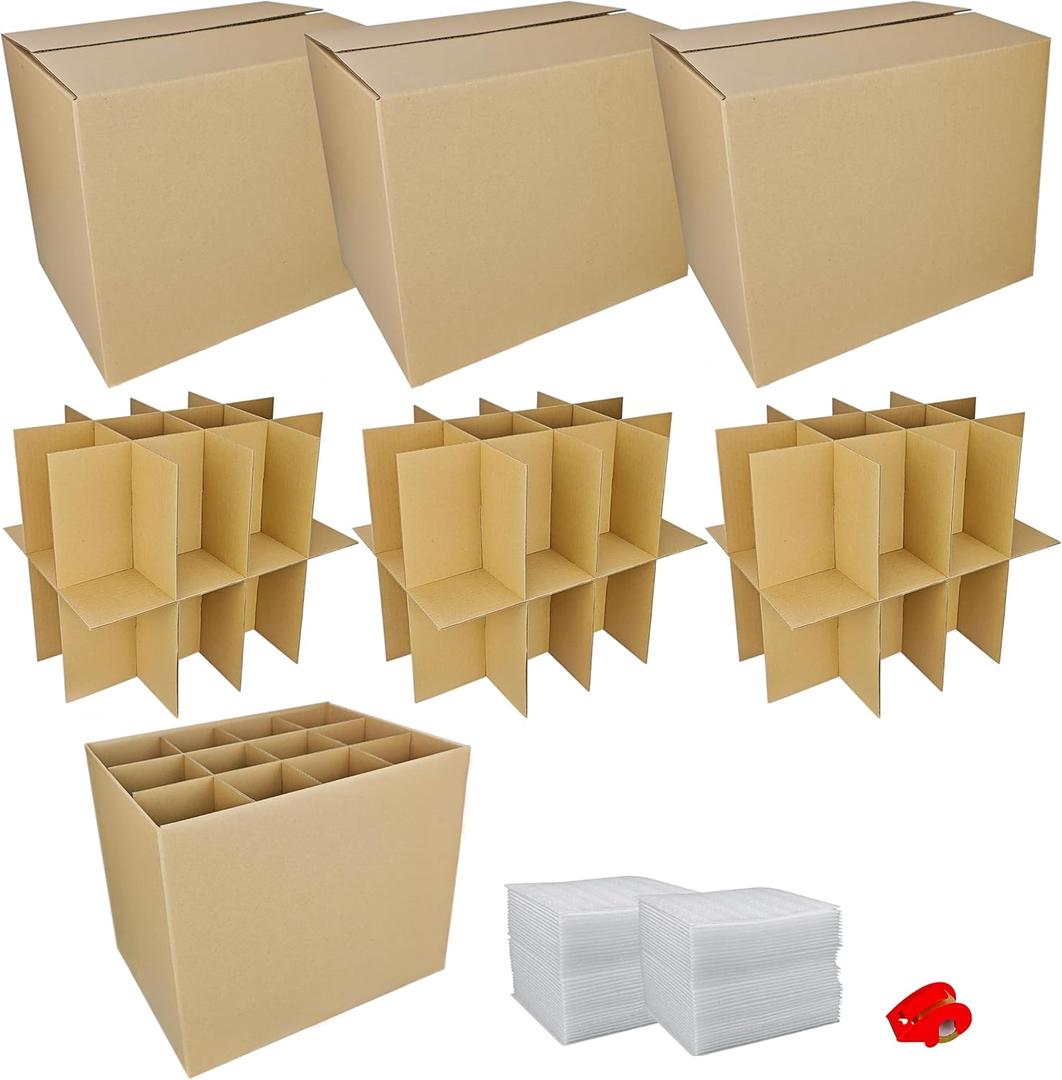 3 Sets Moving Boxes with Divider Kits,16 x 12 x 13 Inch Glassware Dish Packing Box Kitchen Moving Box Corrugate Dividers with 72 Pcs Foam Pouches,1 Pcs tape rolls with dispenser(Two Layer)
