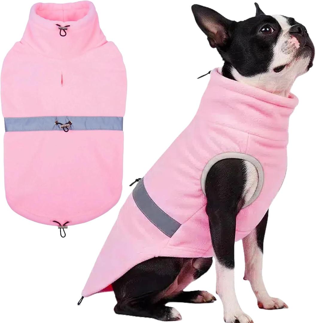 T'CHAQUE Tech Dog Fleece Vest Clothes for Large Dogs, Thermal Fleece Sweater with Leash Hole, Pet Sweaters with Reflective Strips, Stretchy Pullover Coats for Weimaraner Boxer, Fall/Winter(Pink, XL)