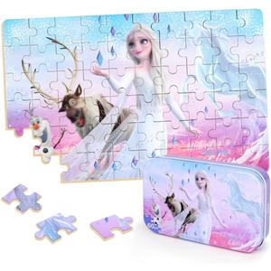 Puzzles for Kids Ages 4-8,Kid Puzzls in a Metal Box,Winter Princess Snowman Deer Horse Small Puzles,Kids Boys Girls Learning Educational Puzzes Packed in Tin Box,60 Pieces