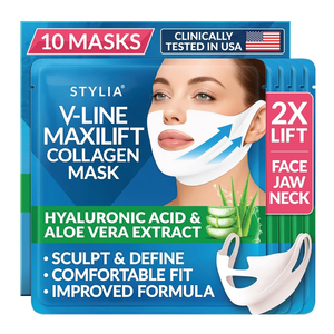 Stylia MaxiLift VLine Lifting Collagen Face Mask  Double Chin Strap  Jawline Shaper  Neck Firming and Tightening Mask with Hyaluronic Acid & Aloe Vera  Chin Strap for Sleeping (10PC)