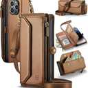 Wallet Case Compatible with iPhone 14 Pro RFID Blocking 7-Card Holder Soft PU Leather Magnetic Snap Shoulder Strap Zipper Pocket Phone Case Fit for iPhone 14 Pro 6.1" - Brown