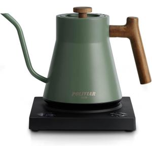 POLIVIAR Electric Gooseneck Kettle, 1200W Electric Tea Kettle Real Wood Handle, 34oz Pour Over Electric Kettle for Coffee & Tea, 18/8 Stainless Steel Inner, Temperature Control & Rapid Heating (Green)
