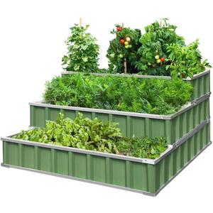 KING BIRD 3 Tiers Raised Garden Bed Dismountable Frame Galvanized Steel Metal Patio Garden Elevated Planter Box 46" x 46" x 23.6" for Growing Vegetables Flowers (Green)